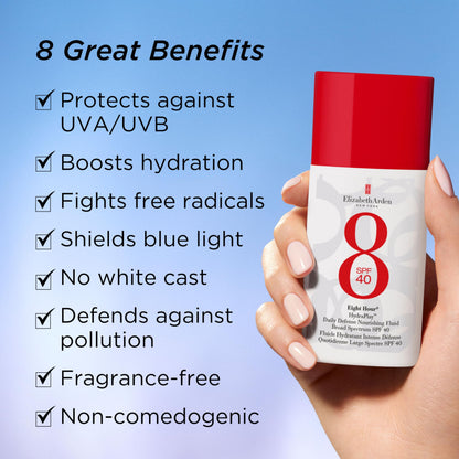 Elizabeth Arden Eight Hour HydraPlay Daily Defense Nourishing Fluid Broad Spectrum Face Sunscreen SPF 40, No White Cast, Non-Comedogenic, Fragrance-Free, 1.7 fl oz.