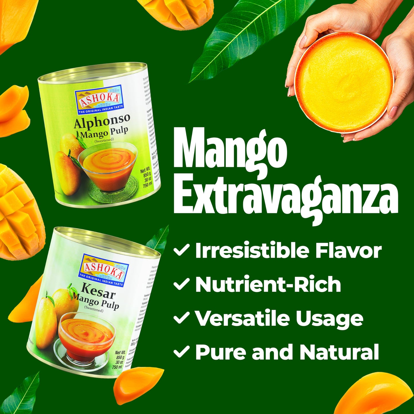 Ashoka Canned Mango Pulp, Premium Alphonso Mango Extract - Sweetened, Great for Making Shakes, Smoothies, Salads, and Baking, Kosher Certified, 30 Ounce (Pack of 6)