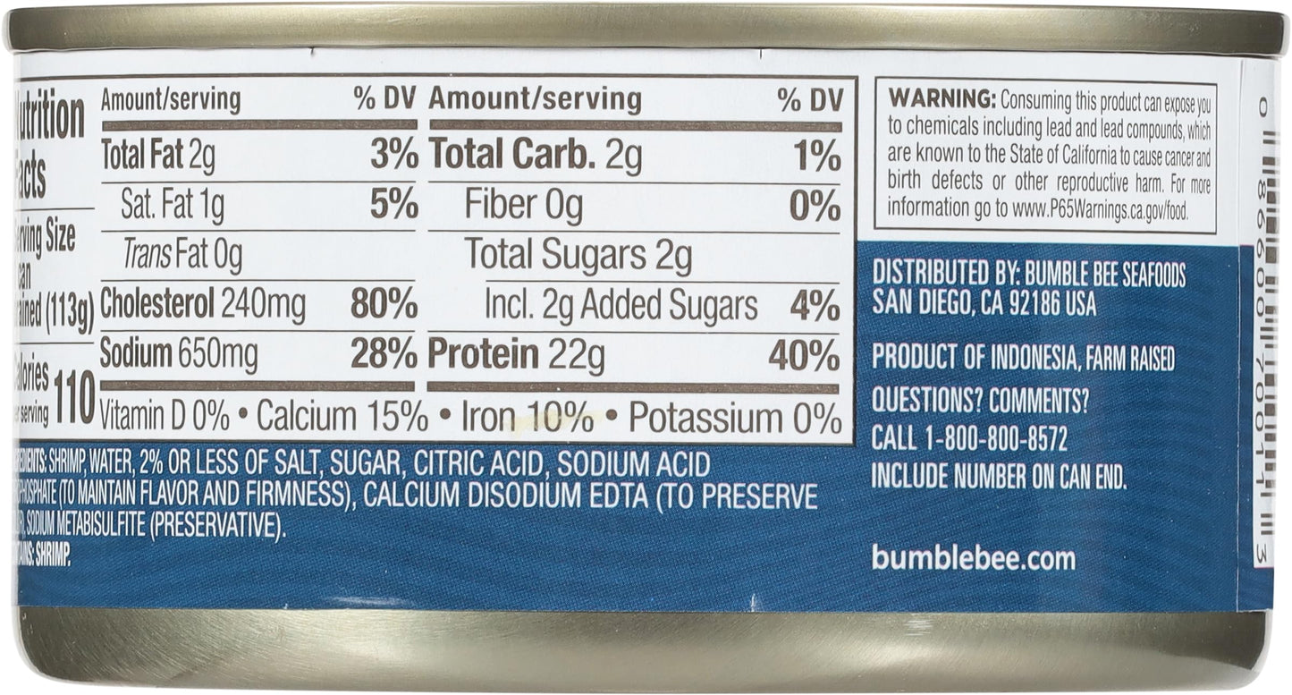 Bumble Bee Tiny Canned Shrimp, 6 oz Can - Shrimp in Water, Cooked, Peeled, Deveined - 22g Protein per Serving - Gluten Free