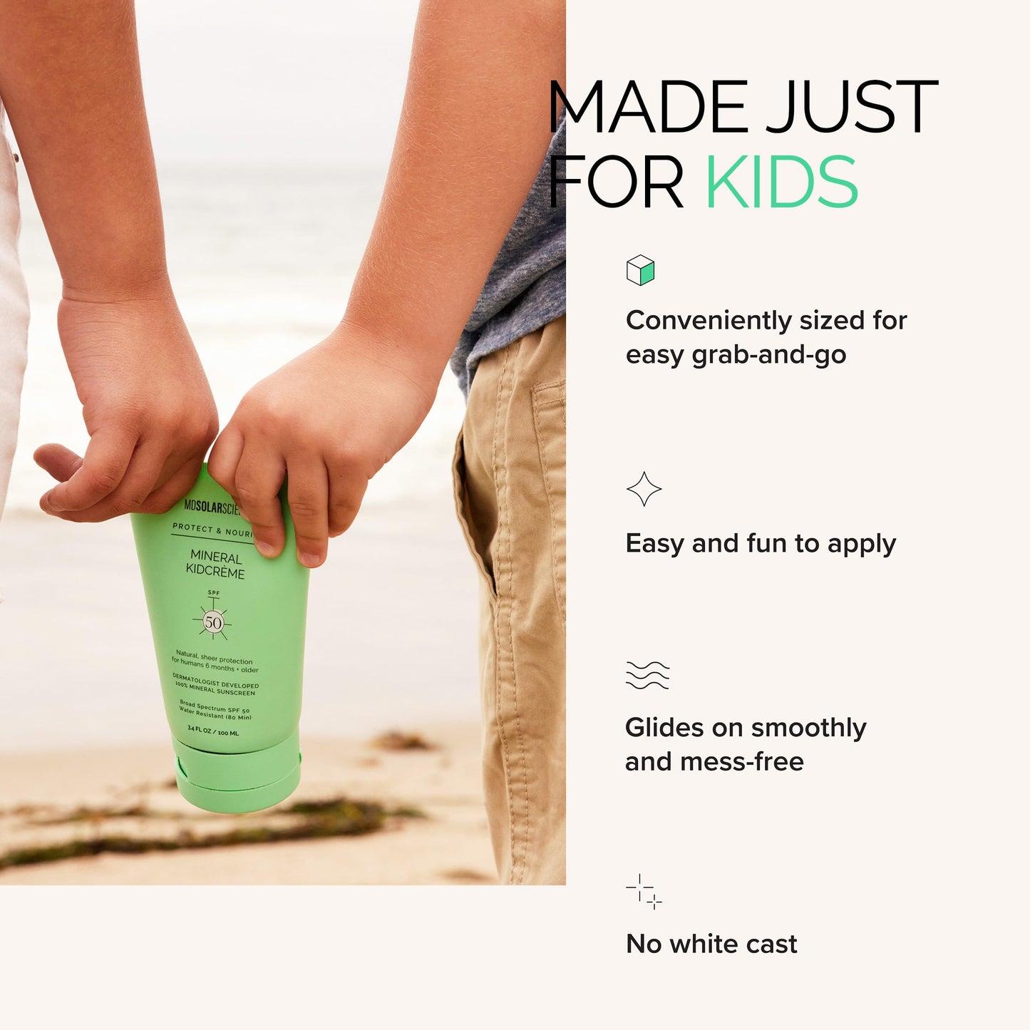 MDSolarSciences Mineral KidCrème SPF 50 | Gentle Broad-Spectrum Kids Sunscreen | Zinc Oxide & Squalane Formula | Water-Resistant, No White Cast | Safe for Sensitive Skin | Fragrance-Free (3.4 Fl Oz)
