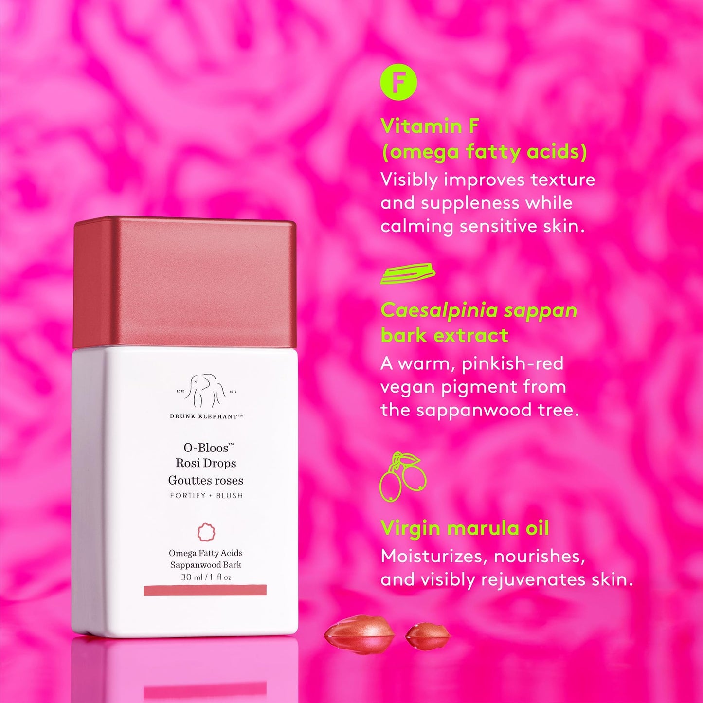 Drunk Elephant O-Bloos Rosi Drops - 30 ml/1 fl oz - Peachy-Pink Color Serum Drops - Clean Clinical Skincare - Cruelty-Free - Dermatologist-Tested - Free of Essential Oils, Silicones, and Fragrance