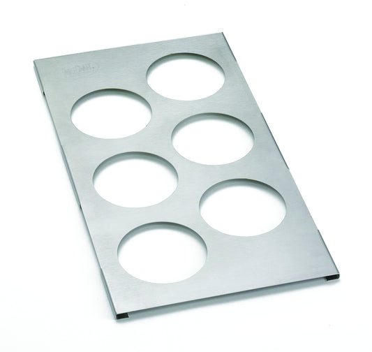 TableCraft T6, 6 Hole Squeeze Bottle Template, Stainless Steel, Fits 1/3 Size Food Pan, Holds Six 3" Diameter Bottles, Attractive and Convenient Storage, Dishwasher Safe