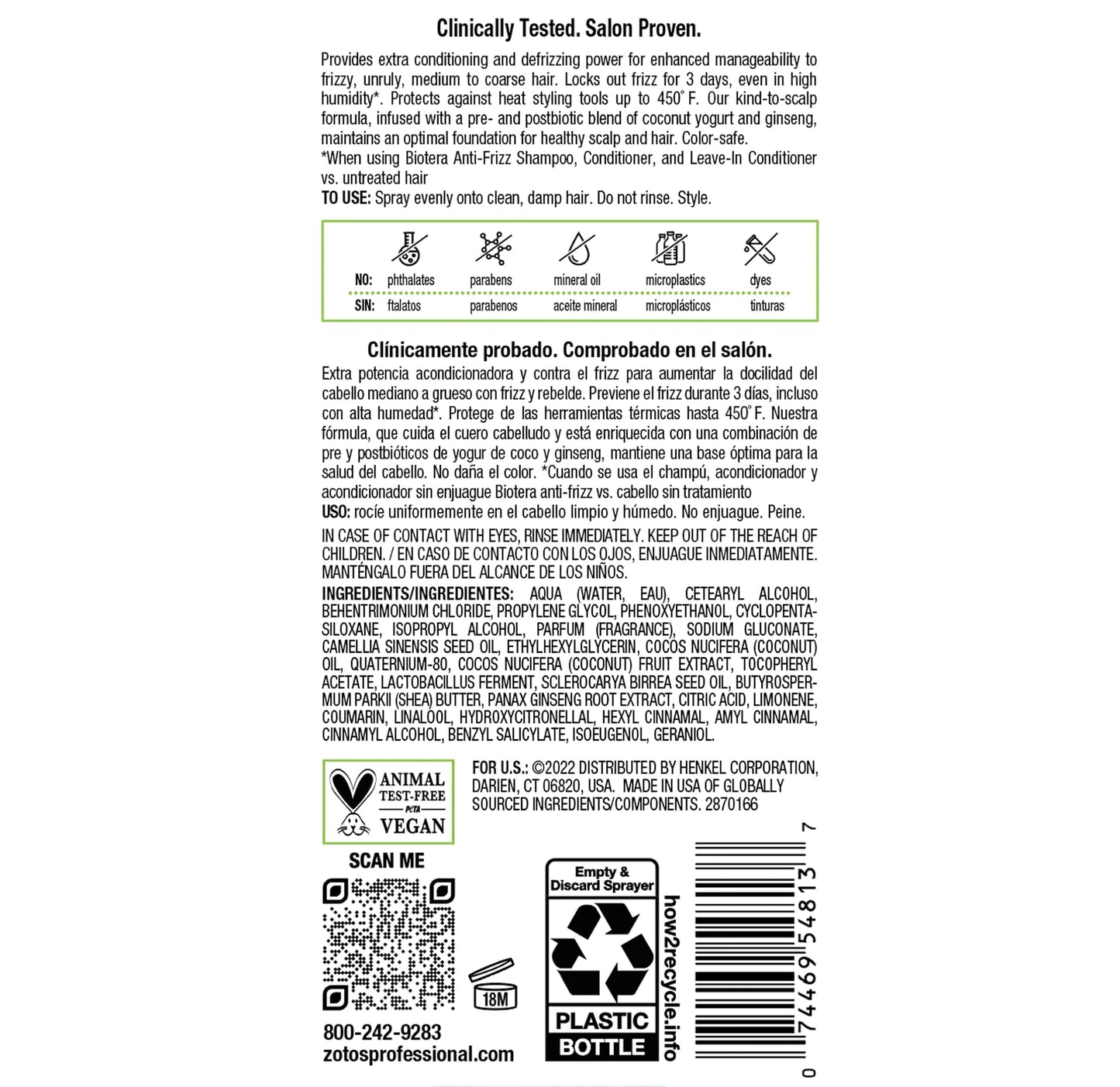 BIOTERA Anti Frizz Intense Smoothing Leave-in Conditioner | Extra Conditioning & Defrizzing | Frizzy or Unruly Hair | Vegan & Cruelty Free | Paraben Free | Color-Safe
