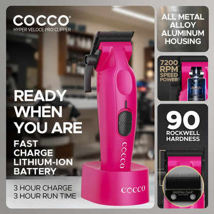 Cocco Hyper Veloce Pro Clipper, Digital Gap Ambassador Graphene Taper Blade Professional Hair Clippers, High-Torque BLDC Motor, All-Metal, Cordless, Charging Station Included (Pink)