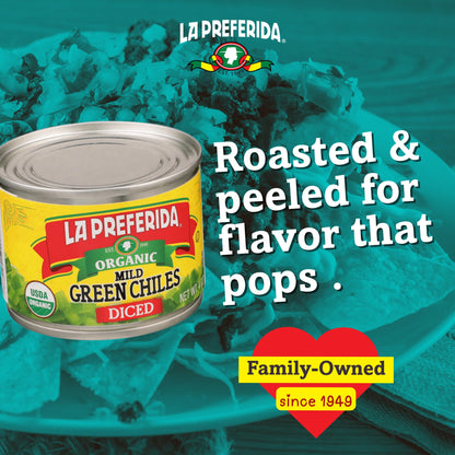 La Preferida Organic Diced Green Chile Peppers Fire-Roasted & Peeled Perfect for Tacos, Casseroles & Nachos, 4oz. (Pack of 6)