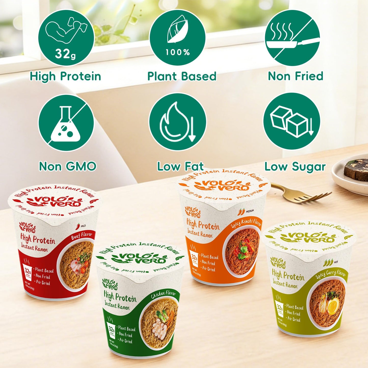VOLO VERO High Protein (32g) Ramen Noodles Cup Variety Pack, Plant-Based, Non-Fried, Vegan, Low Fat | Chicken, “Spicy” Beef, Kimchi, Curry Flavors | 6-Packs, Quick Healthy Asian Meal