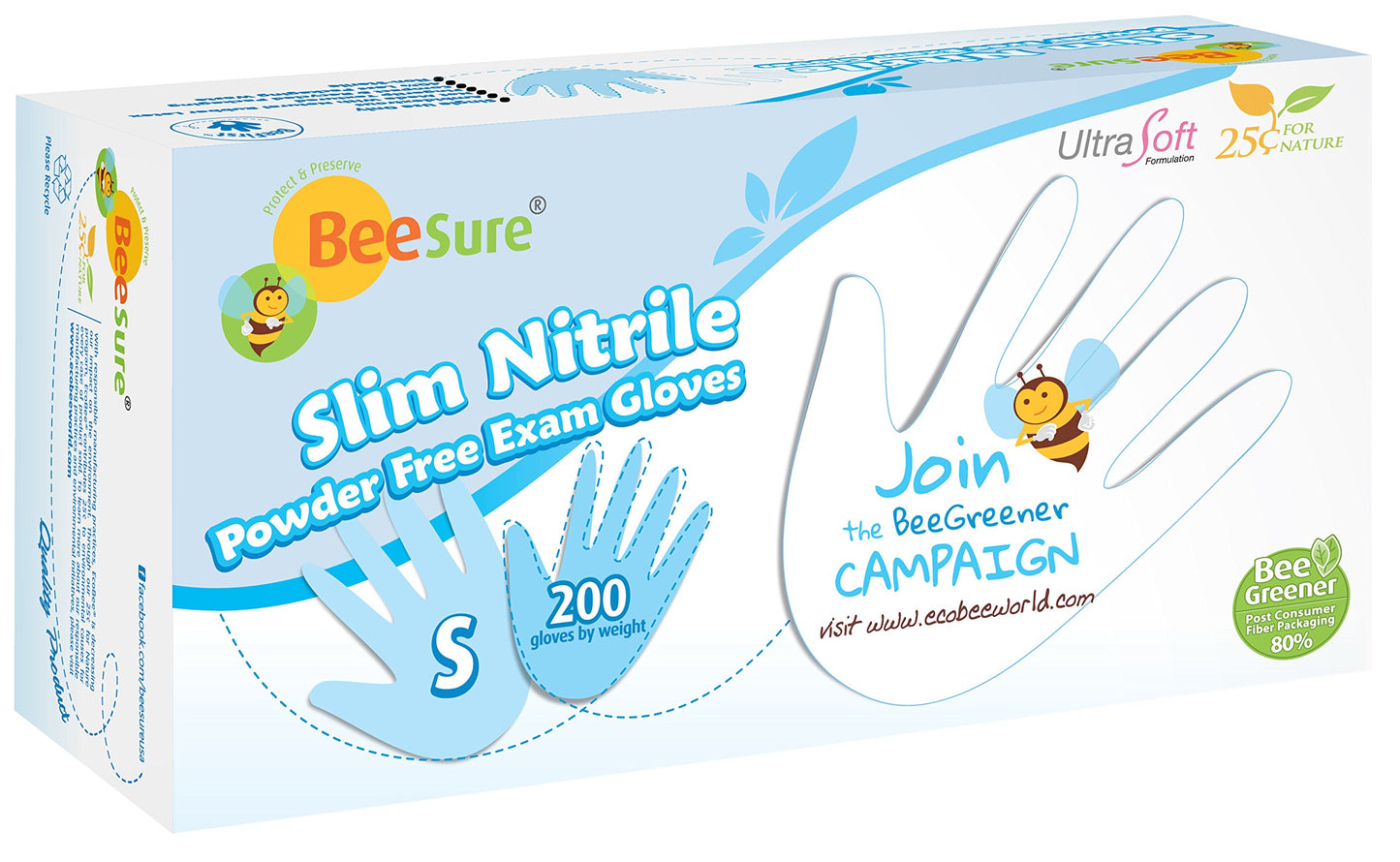 BeeSure BE1126case Slim Nitrile Powder Free Exam Gloves, 2.5 mil, White, Small (Pack of 2000)