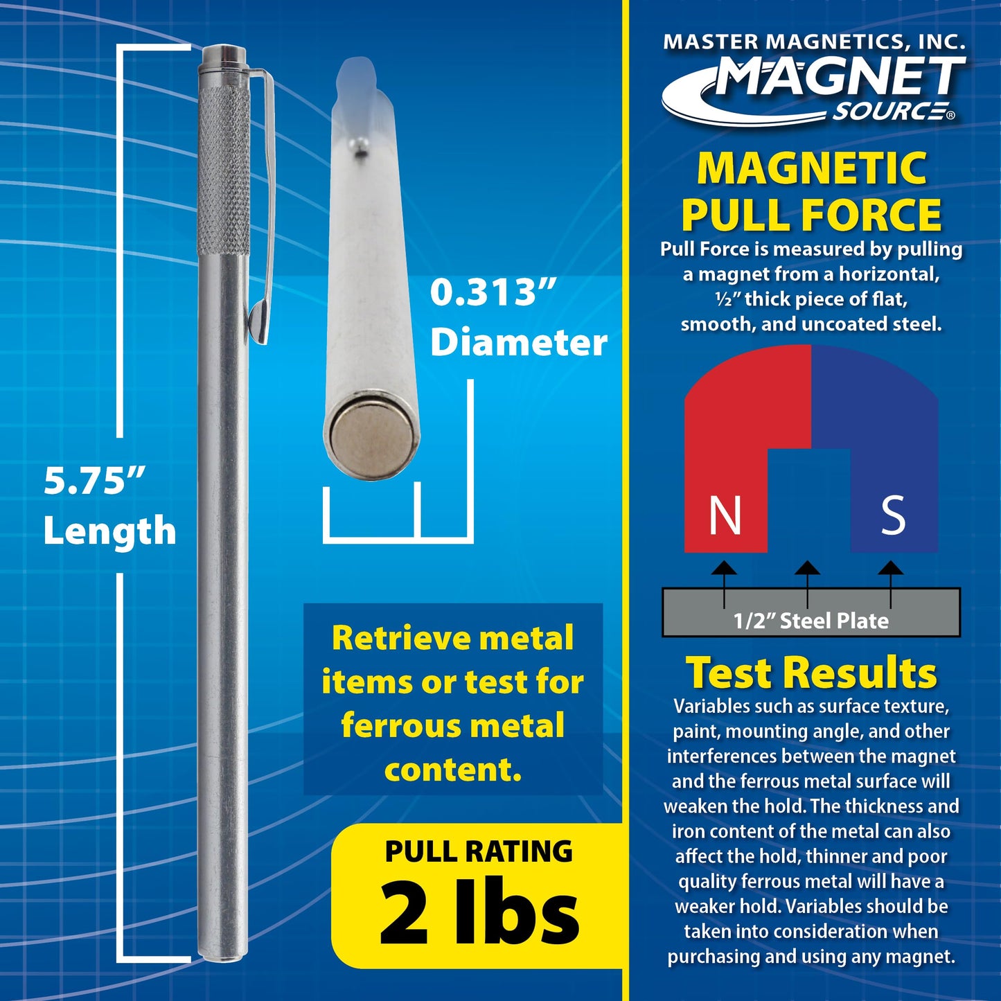 Master Magnetics Neodymium Magnetic Pick-Up Tool with Pocket Clip - 5.75" Length, 2 lb Hold, 07264