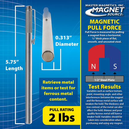 Master Magnetics Neodymium Magnetic Pick-Up Tool with Pocket Clip - 5.75" Length, 2 lb Hold, 07264