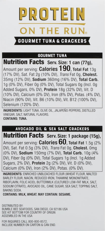 Bumble Bee Prime Protein on the Run Tuna Snack Kit, Pack of 12 - Gourmet Tuna Marinated in Olive Oil & Mild Jalapeno with Crackers and Serving Utensil - 20g of Protein Per Serving, Easy Open Can