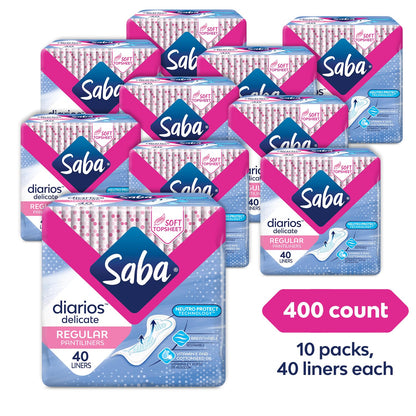 SABA Diarios Regular Delicate Pantiliners, Unscented, Breathable & Comfortable for Everyday Freshness, 10-Pack of 40 Pads (400 Count)