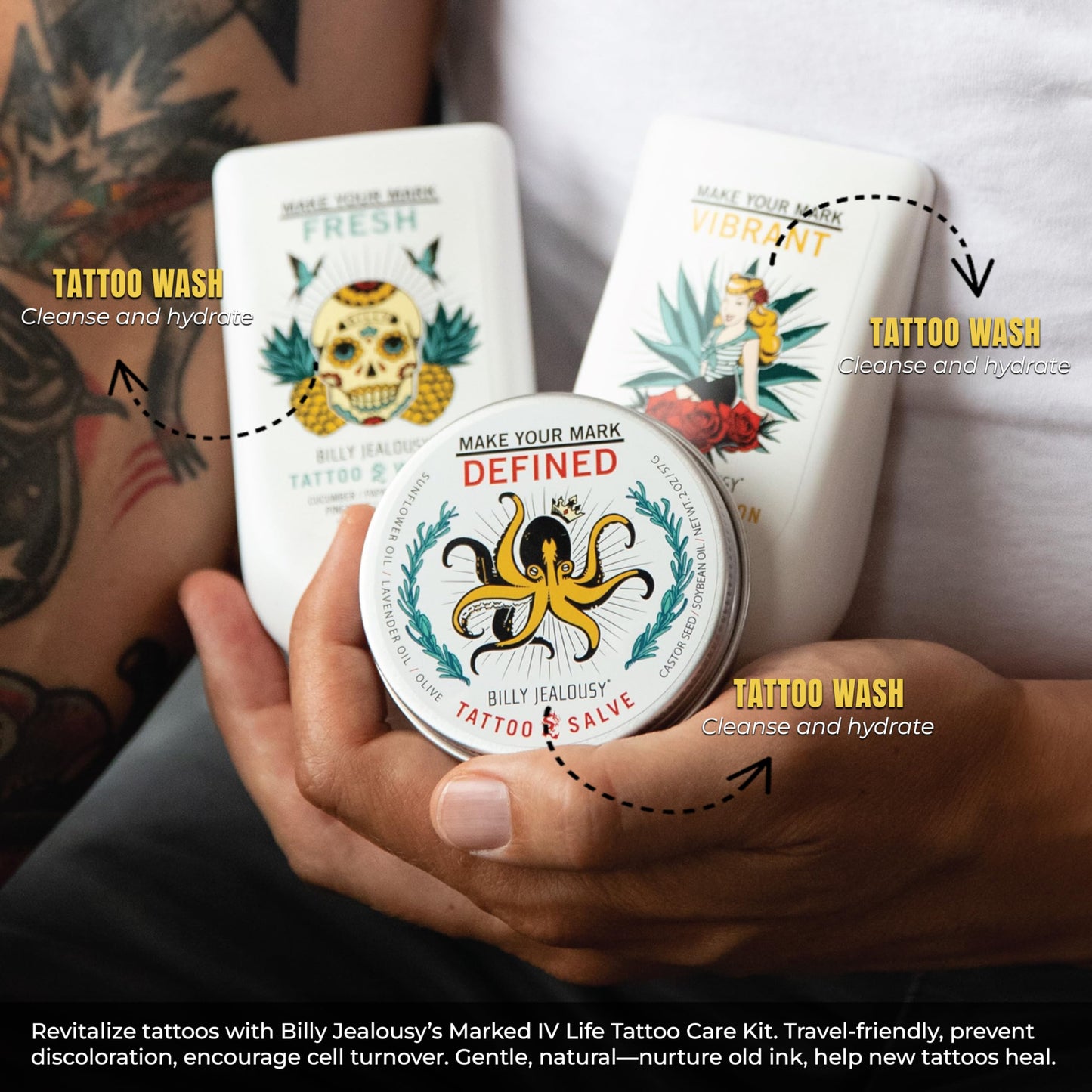 Billy Jealousy Marked IV Complete Tattoo Care Kit, Make Your Mark Defined, Fresh and Vibrant, Includes Aftercare Ink Salve, Brightening Soap and Moisturizing Tattoo Lotion