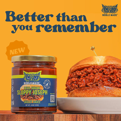 Noble Made Less-Sugar Sloppy Joseph Skillet Sauce, 8.5 oz Jar, Gluten Free, Low Sugar, Paleo Friendly, Naturally Sweetened, Easy Dinner, Family Friendly, Just Add Ground Beef or Ground Turkey