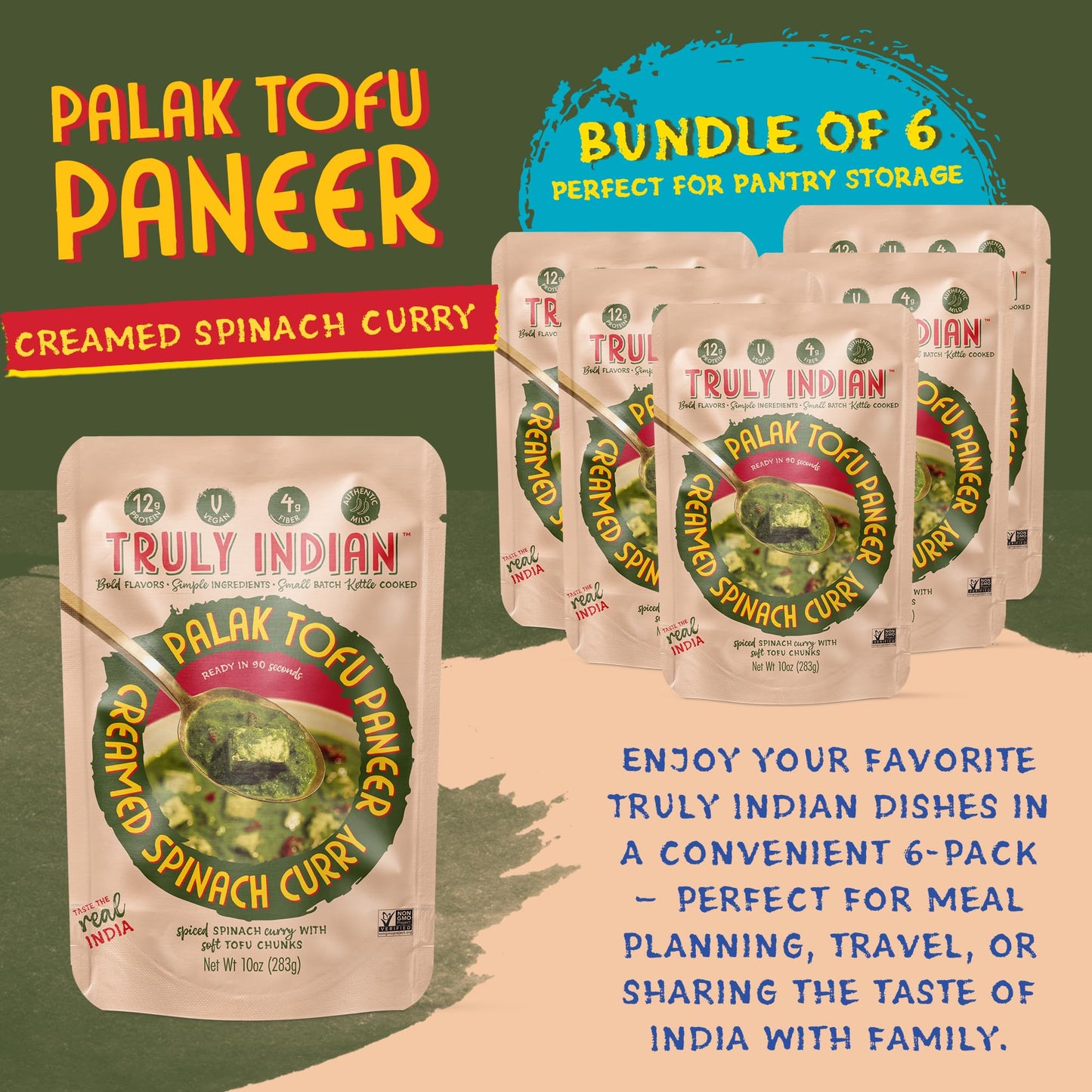 Truly Indian Creamed Spinach & Tofu Curry (Palak Tofu Paneer) 10 Ounce 6-Pack | Authentic Traditional Indian food | Made Fresh in India With Locally Grown Ingredients | Ready to Eat, Vegan