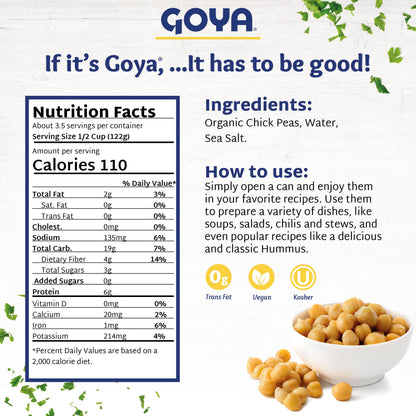 Goya Organic Chick Peas Garbanzo Beans, Low Sodium with Sea Salt, 15.5 Ounce (Pack of 8)