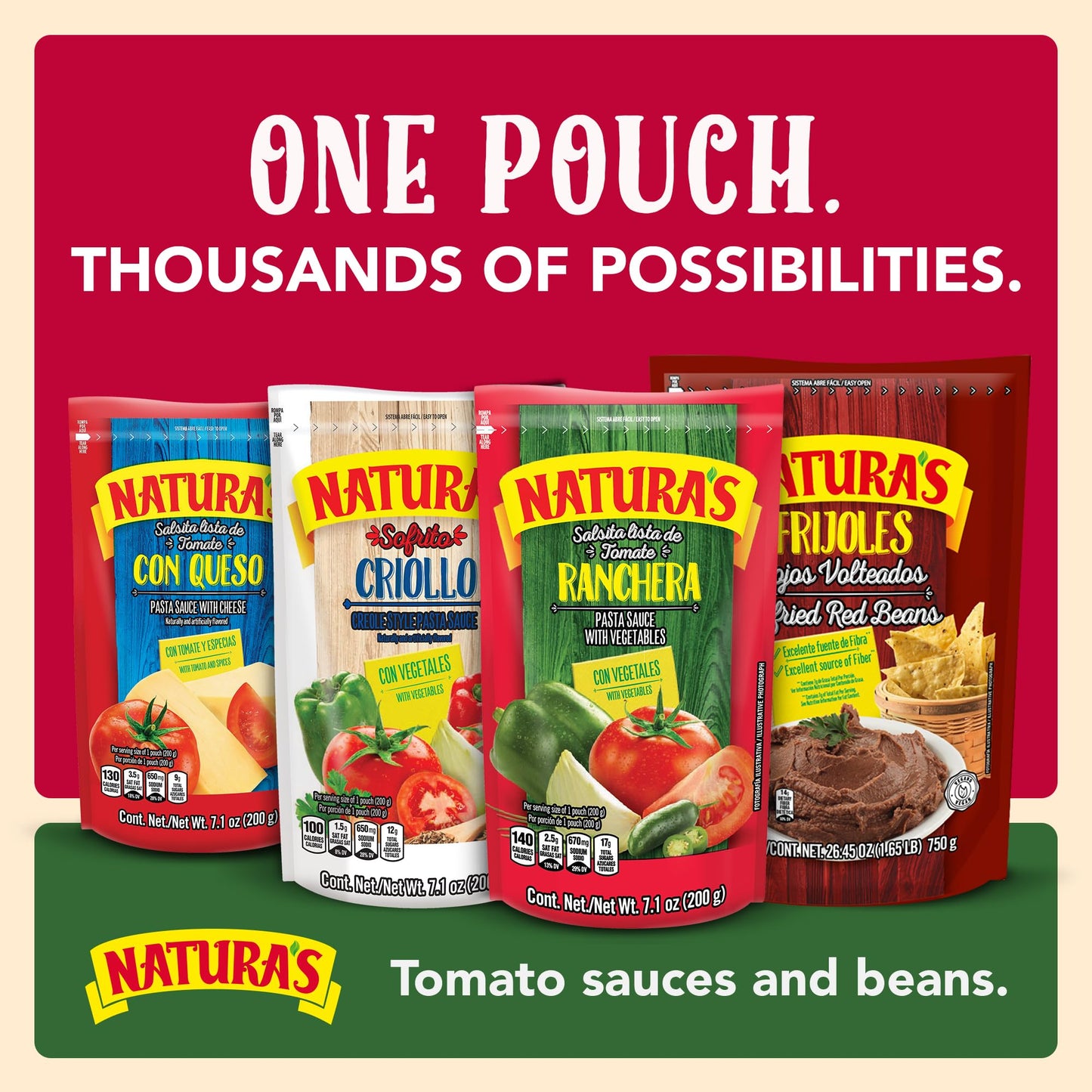 NATURA'S Refried Red Beans, Ready-to-Eat Vegetarian Refried Beans, Frijoles Rojos 26.45 oz Pouch (Pack of 12)