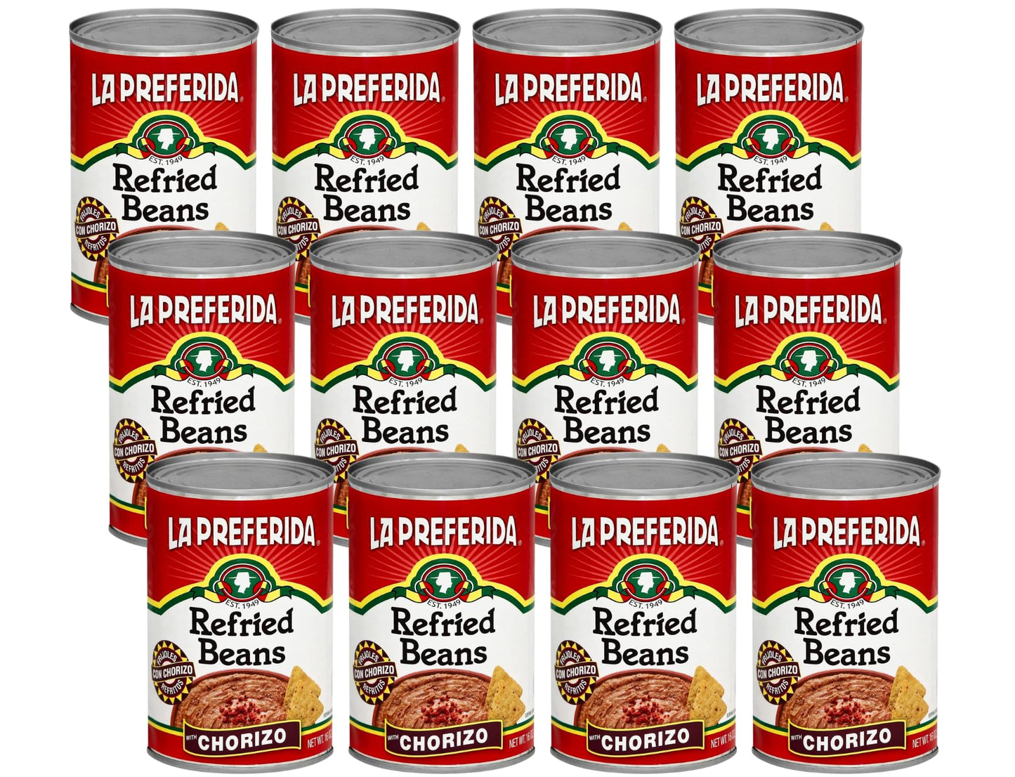 La Preferida Chorizo Refried Beans Heat & Serve for an Instant Side Dish or Add to Enchiladas, Tostadas & More,16 oz. (Pack of 12)