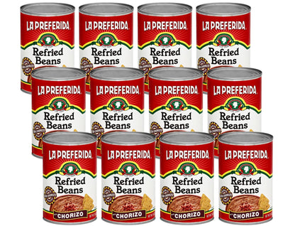La Preferida Chorizo Refried Beans Heat & Serve for an Instant Side Dish or Add to Enchiladas, Tostadas & More,16 oz. (Pack of 12)