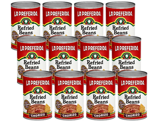 La Preferida Chorizo Refried Beans Heat & Serve for an Instant Side Dish or Add to Enchiladas, Tostadas & More,16 oz. (Pack of 12)