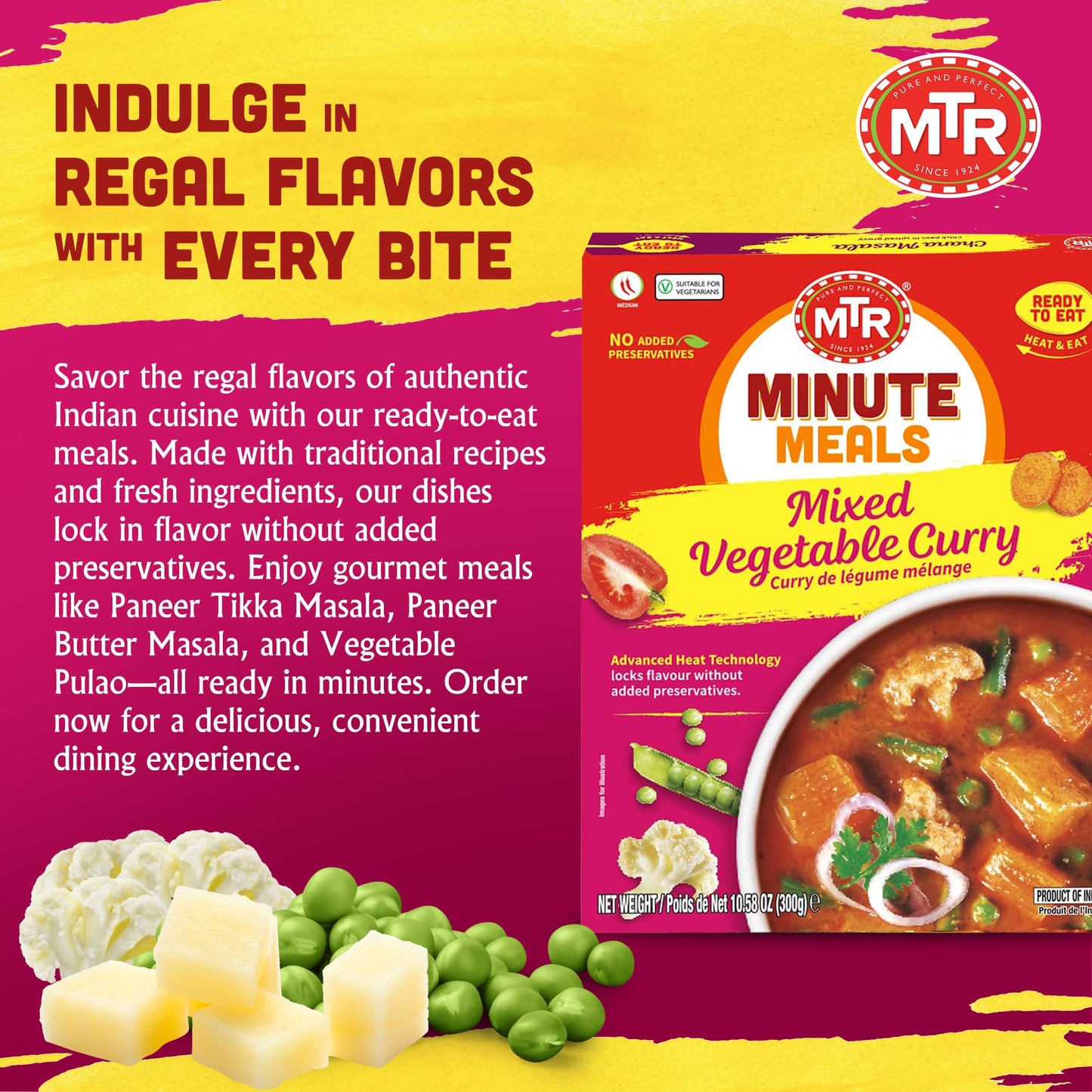 MTR - Minute Meals: Flavorful Mixed Vegetable Curry - Authentic Indian Ready-to-Eat Meal with No Added Preservatives - A Quick Meal Suitable for Vegetarians, Ready in Minutes! (Pack of 6)