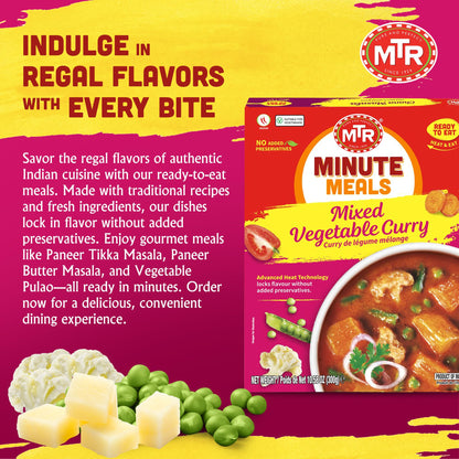 MTR - Minute Meals: Flavorful Mixed Vegetable Curry - Authentic Indian Ready-to-Eat Meal with No Added Preservatives - A Quick Meal Suitable for Vegetarians, Ready in Minutes! (Pack of 6)
