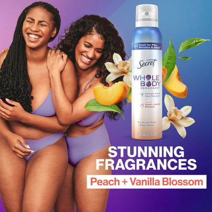 Secret Whole Body Feminine Wash + Deodorant Spray Bundle for Women, Peach + Vanilla Blossom Scent, Aluminum Free, Odor Protection, 8.0 oz & 3.5 oz (Pack of 2)