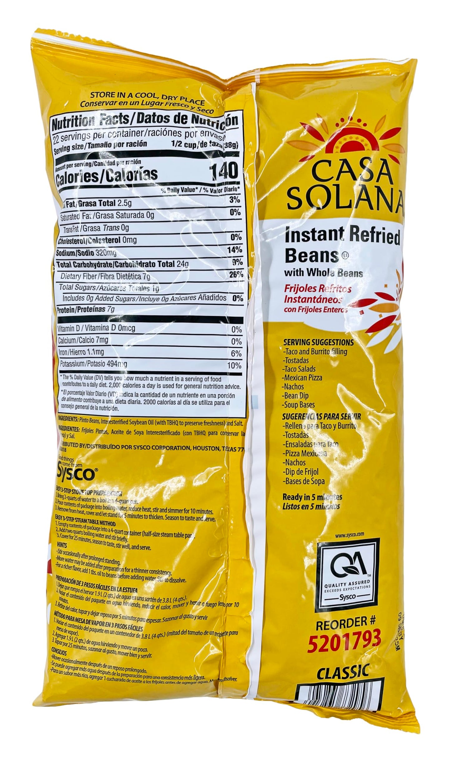 Casa Solana Instant Refried Beans | Dehydrated Vegetarian Whole Bean | Kosher | 30 oz.
