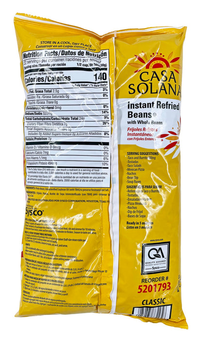 Casa Solana Instant Refried Beans | Dehydrated Vegetarian Whole Bean | Kosher | 30 oz.