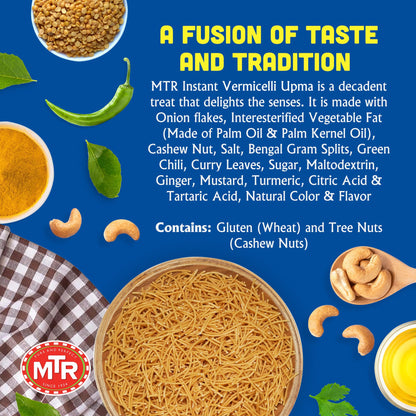 MTR 3minute Seviyan Vermicelli Upma - Ready-to-Cook Mix - Authentic Indian Food in Just 3 Minutes - 100% Vegetarian - No Added Preservatives - Just Add Hot Water - Quick & Easy (Seviyan Vermicelli Upma - 160g, Pack of 6)