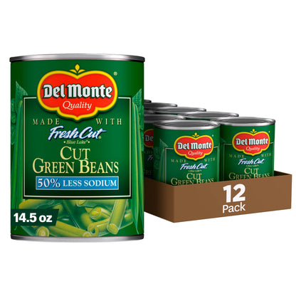 DEL MONTE FRESH CUT BLUE LAKE 50% Reduced Sodium Cut Green Beans, Canned Vegetables, 12 Pack, 14.5 oz Can