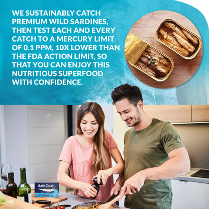 Safe Catch Wild Sardines in Water Skinless Boneless Wild-Caught Sardine Fillets Lowest Mercury Limit, Keto Food Kosher Non-GMO Sardines Pack of 12, 4.4oz Tins