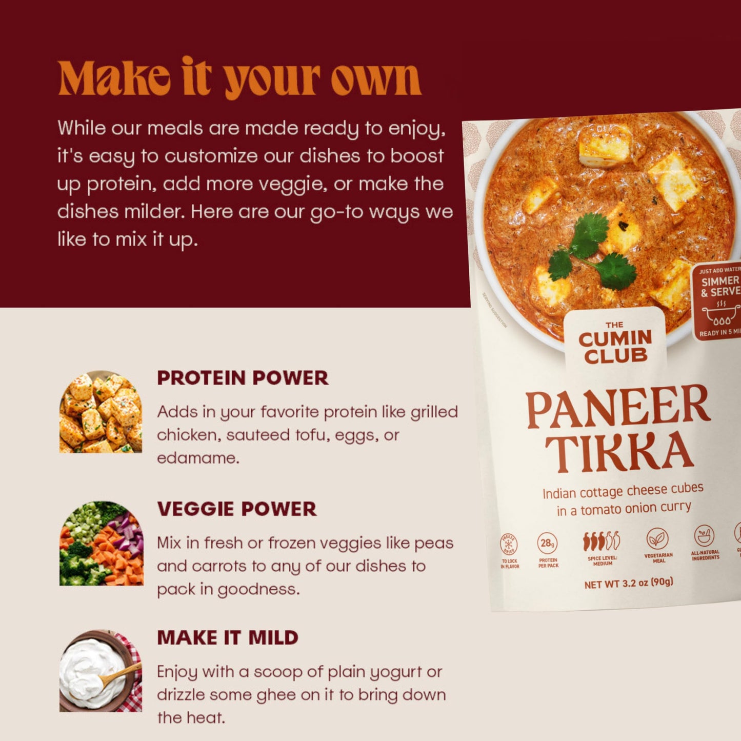 The Cumin Club's Instant Paneer Tikka Masala - Authentic Indian Meal with Regional Flavors, Ready to Eat in Just 5 Minutes - Pack of 5 Pouches for Convenient and Delicious India Cuisine at Home
