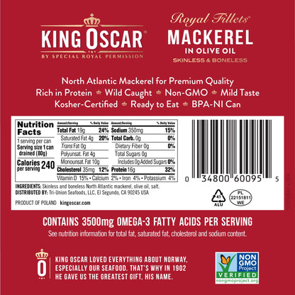 King Oscar Mackerel in Olive Oil, 4.05 Ounce Can (Pack of 6, Packaging May Vary), Skinless & Boneless, Wild Caught Canned Mackerel