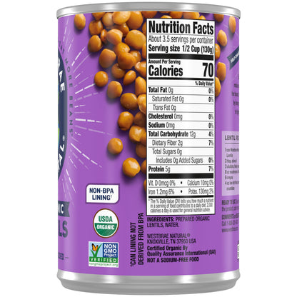 WESTBRAE 15 oz Natural Organic Lentil Beans, No Salt Added, Source of Plant Based Protein and Fiber, Low Fat, Gluten Free, (Pack of 12)