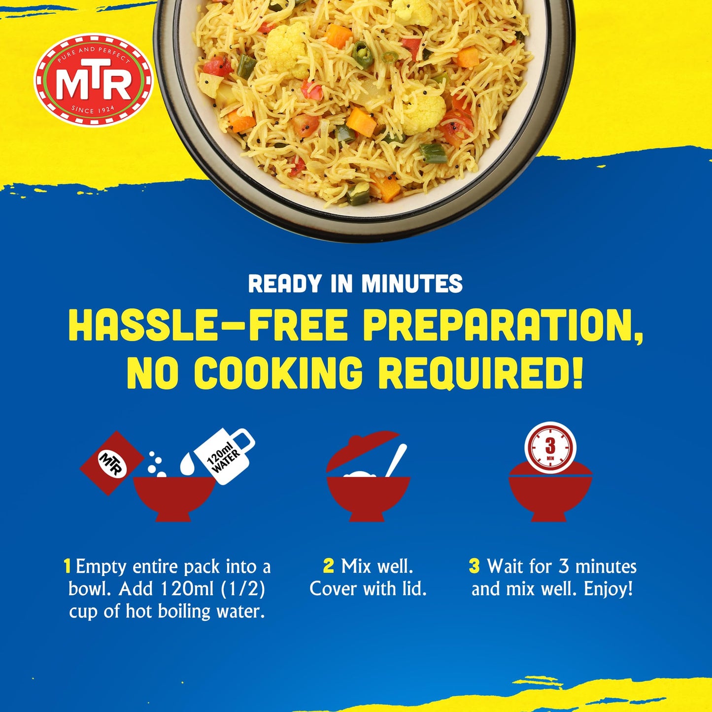 MTR 3minute Seviyan Vermicelli Upma - Ready-to-Cook Mix - Authentic Indian Food in Just 3 Minutes - 100% Vegetarian - No Added Preservatives - Just Add Hot Water - Quick & Easy (Seviyan Vermicelli Upma - 160g, Pack of 6)
