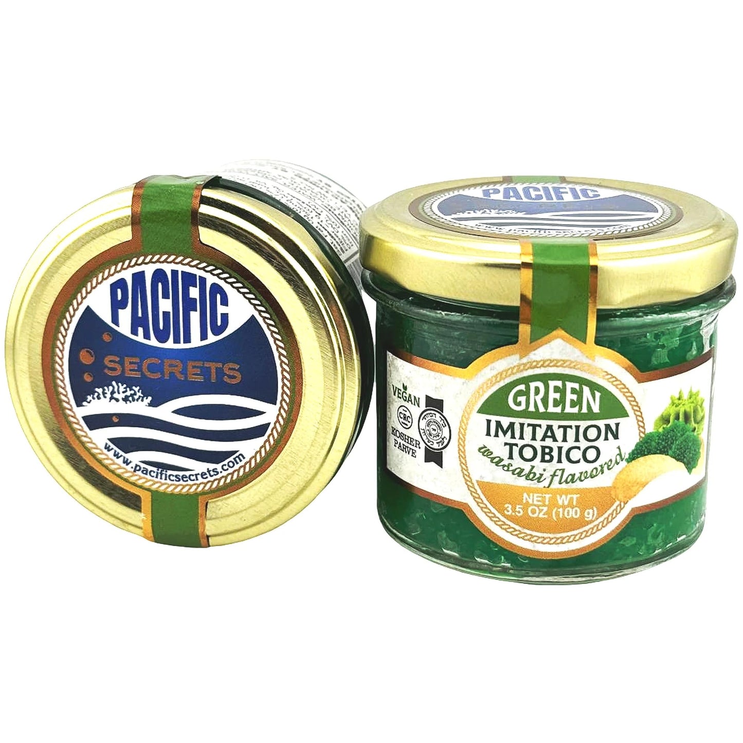 Pacific Secrets Green Vegan Tobico Caviar | Wasabi Flavored | Seaweed Tobiko | No-Fish | Kosher | 3.5 oz Glass Jar