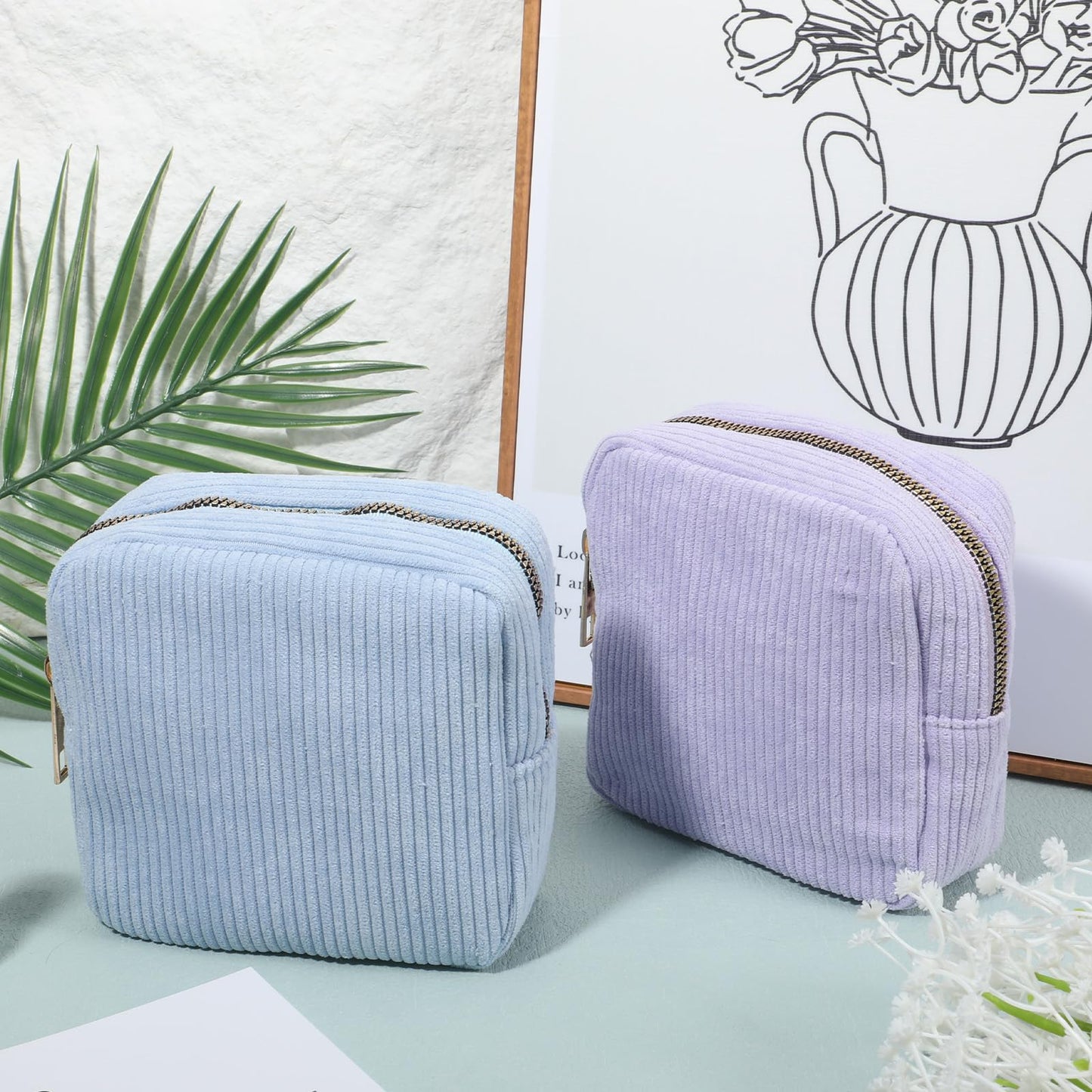2PCS Period Pouch, Period Bags for Women, Corduroy Pad Bag with Zipper for Women, Use in Sanitary Napkins and Tampons (Blue Purple)