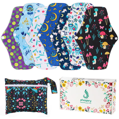 PHOGARY Reusable Menstrual Pads, Bamboo Cloth Pads for Heavy Flow with Wet Bag, Large Sanitary Pad Set with Wings for Women, Washable Overnight Cloth Panty Liners Period(7 in 1, Style G)