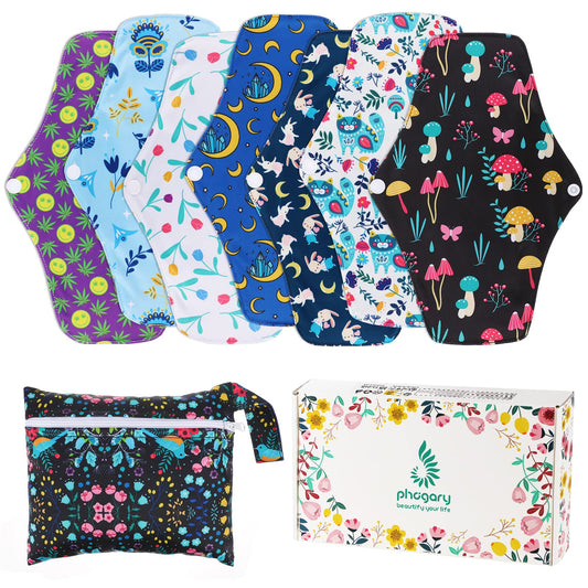PHOGARY Reusable Menstrual Pads, Bamboo Cloth Pads for Heavy Flow with Wet Bag, Large Sanitary Pad Set with Wings for Women, Washable Overnight Cloth Panty Liners Period(7 in 1, Style G)