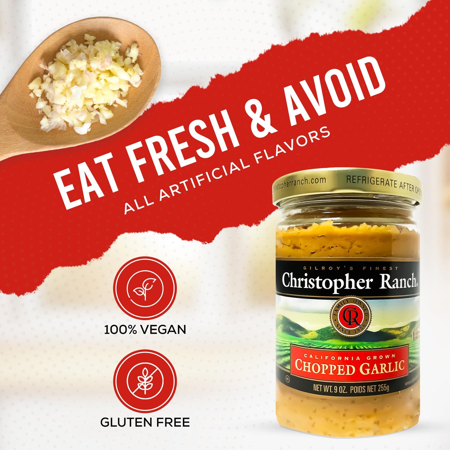 Christopher Ranch Chopped Garlic in Olive Oil, California-Grown Fresh, Ready-to-Use, Premium Quality, Gluten-Free, Vegan-Friendly, Pantry Essential, 9 oz Jar, 2-Pack