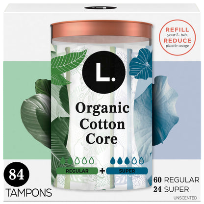 L. Cotton Tampons Regular/Super Absorbency Multipack, Contains an Organic Cotton Core, Made Without Synthetic Pesticides, or Fragrances, 84 Count (2 Packs of 42)