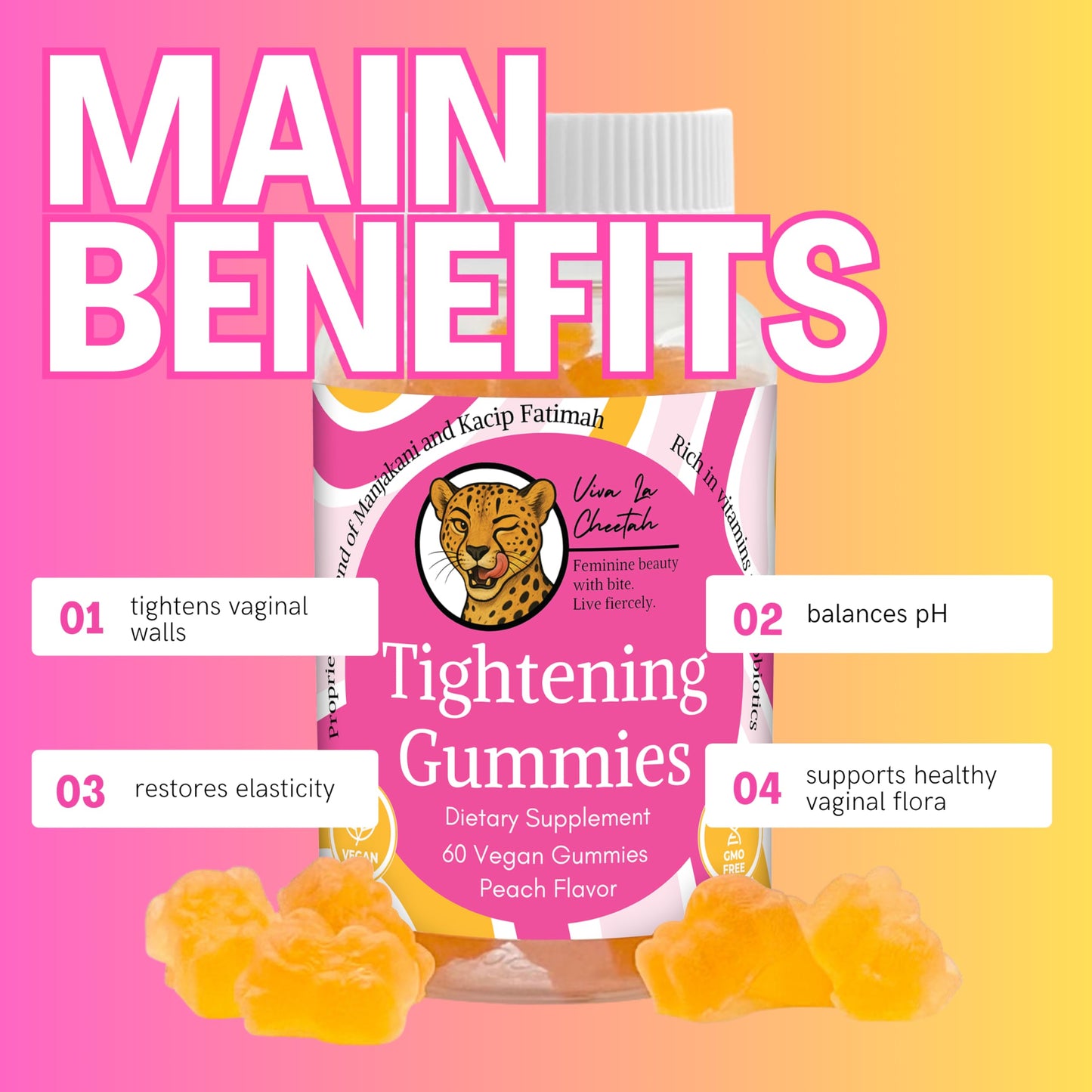Vaginal Tightening Gummies, 2 Month Supply, V Tight, 60 Vegan Tightener Gummy Vitamins, Natural Tightening Pills for Tighter Vag, pH Balance, Vaginal Health (Peach)