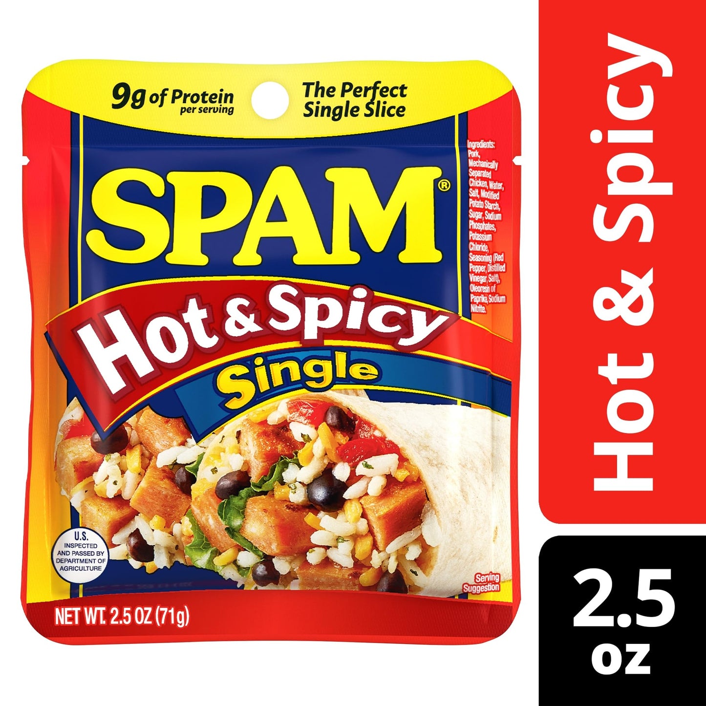 SPAM Single Hot & Spicy 2.5oz Individual Pouch (Pack of 12) Fully Cooked Pork and Ham, 9g of Protein, 0g Trans Fat, Low Carb, Keto-Friendly, Gluten Free, Easy Open, Perfect for Sandwiches & Breakfast