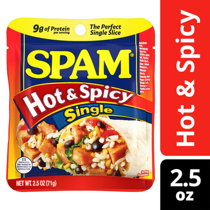 SPAM Single Hot & Spicy 2.5oz Individual Pouch (Pack of 12) Fully Cooked Pork and Ham, 9g of Protein, 0g Trans Fat, Low Carb, Keto-Friendly, Gluten Free, Easy Open, Perfect for Sandwiches & Breakfast