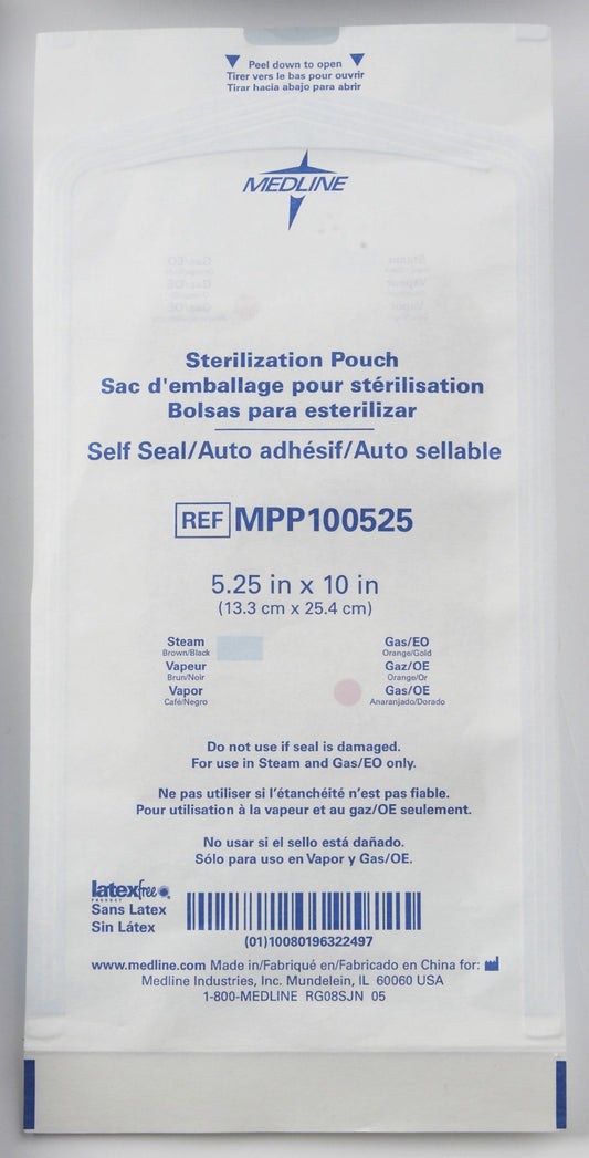 Medline Self-Seal Sterilization Pouches for Steam and Gas, 5.25 Inches x 10 Inches, Distinct Color Change Indicator, Strong Material, Prefolded, Box of 200 Each