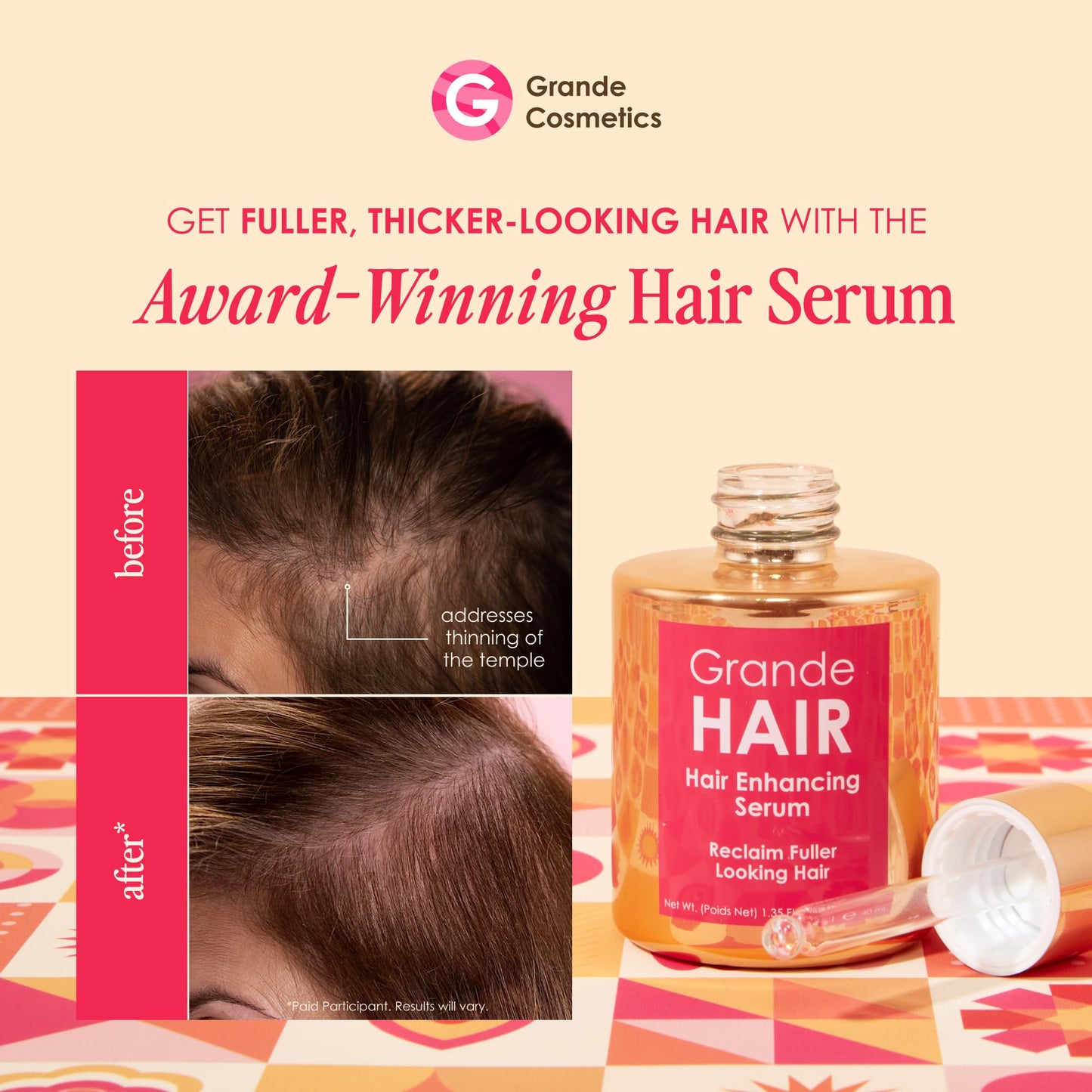 Grande Cosmetics Hair Serum for Men and Women, Promotes Thickness in Thinning Hair, Safe for Color Treated Hair
