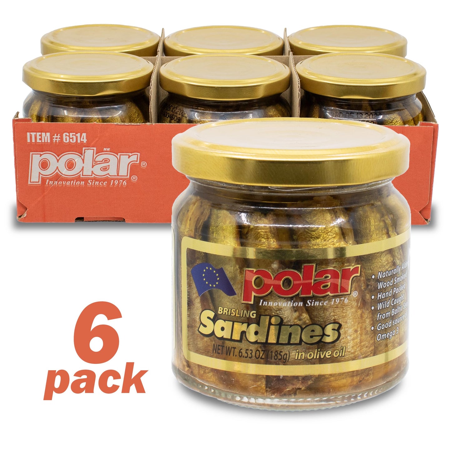 MW Polar Naturally Alder Wood Smoked Brisling Sardines in Olive Oil, 6.5oz Jar (Pack of 6) | Kosher Friendly, Wild-Caught, Hand-Packed, High in Omega-3, Keto, Paleo, Gluten-Free, Non-GMO