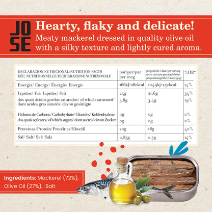 Canned Mackerel Fillets in Olive Oil by Jose Gourmet, Wild Caught Portuguese Mackerel, Tinned Fish in Olive Oil, High Protein Sustainable Seafood Snacks, Omega 3, Fair Trade, 125g Can