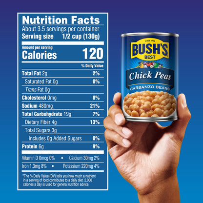 BUSH'S BEST 16 oz Canned Garbanzo Beans (Chickpeas), Source of Plant Based Protein and Fiber, Vegetarian, Low Fat, Gluten Free, (Pack of 12)