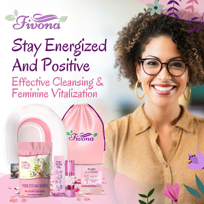 Fivona Yoni Care Kit 5-in-1 V-Steaming Set Includes Sitz Bath Seat, Pink Magic Herbs, Feminine Oil, Herbal Soap, Storage Bag, All Natural Herbal Vaginal Care Set